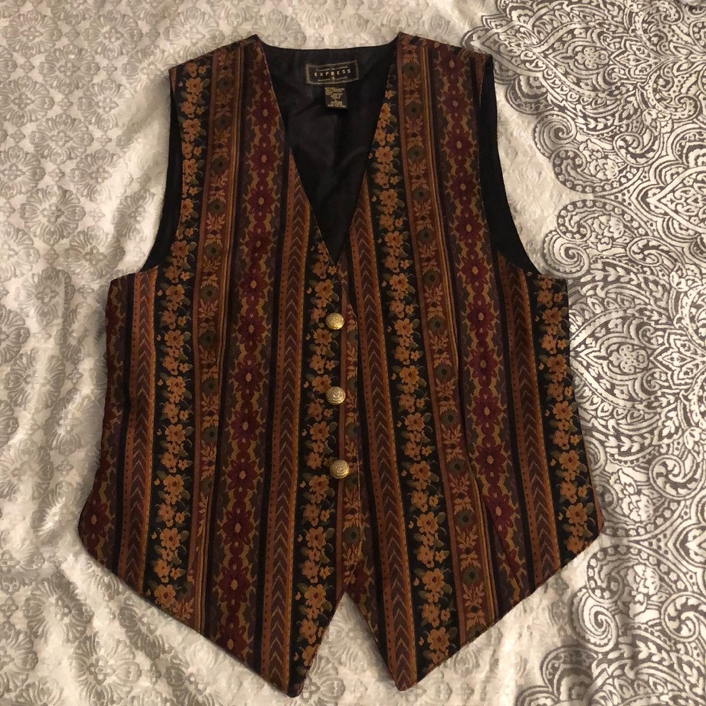 Express Women's Burgundy & Gold Patterned Vest